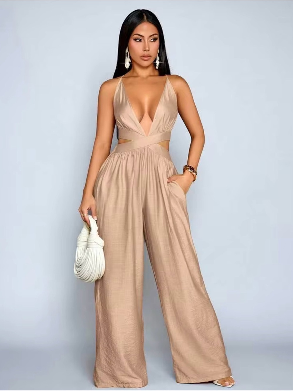 Plunge Neck Cutout Wide-Leg Jumpsuit in Taupe